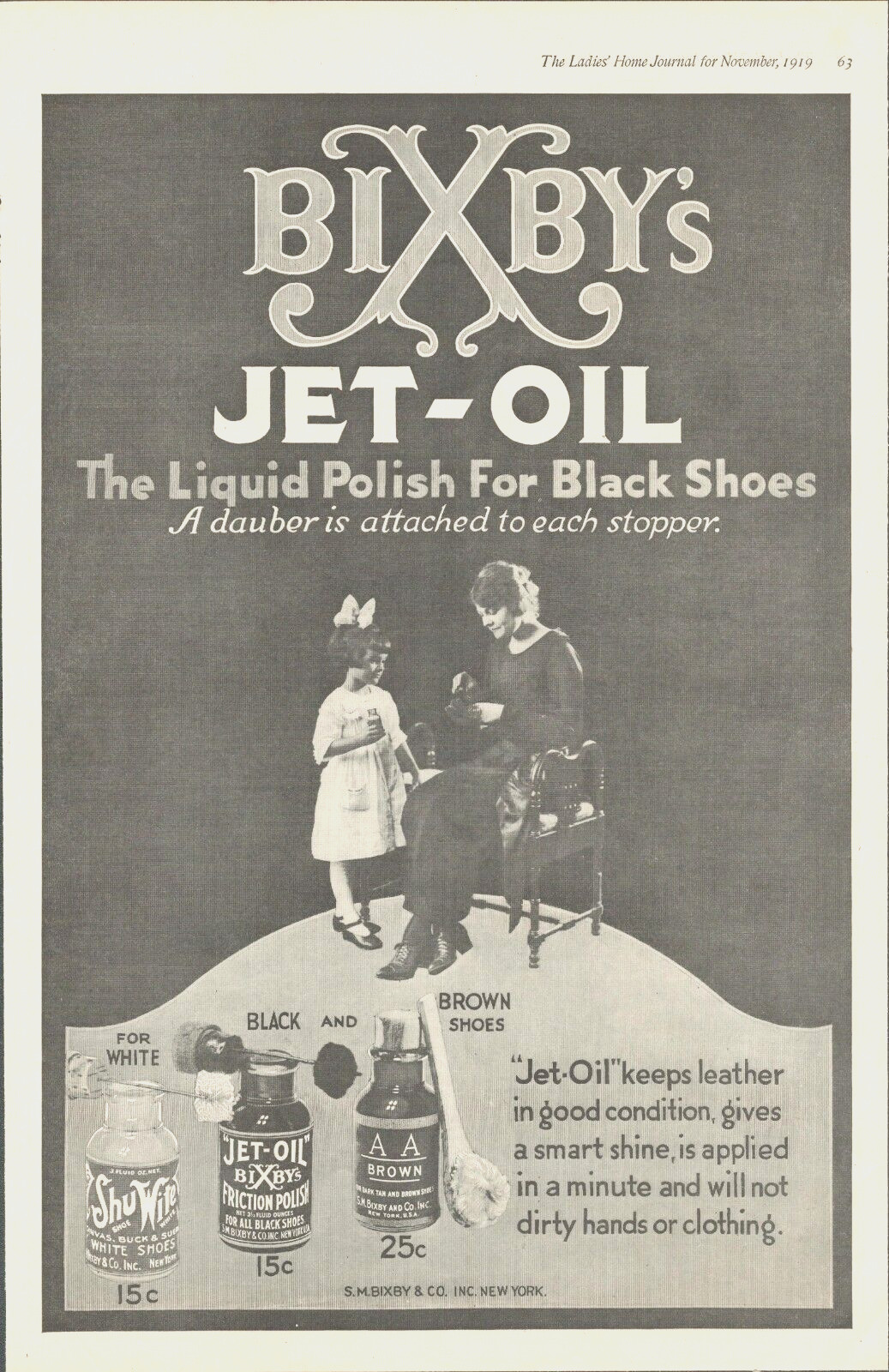 BIXBY\'s Jet Oil black shoe polish shoes leather fashion 1919 antique PRINT AD
