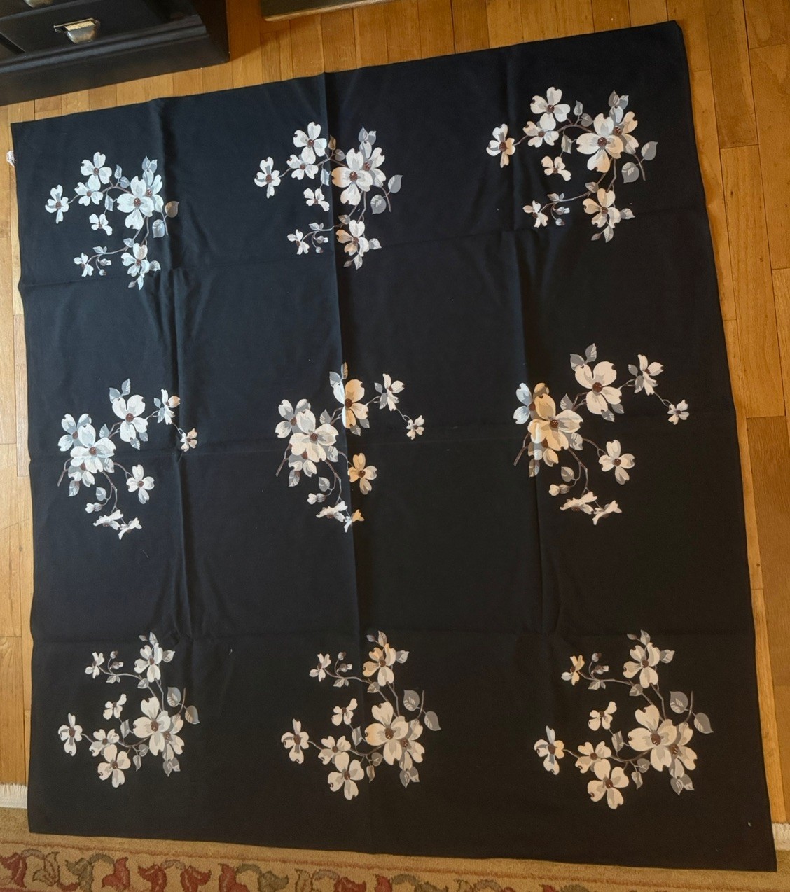 VTG MCM Wilendur Rare Black Tablecloth Dogwood 50”x54” HTF