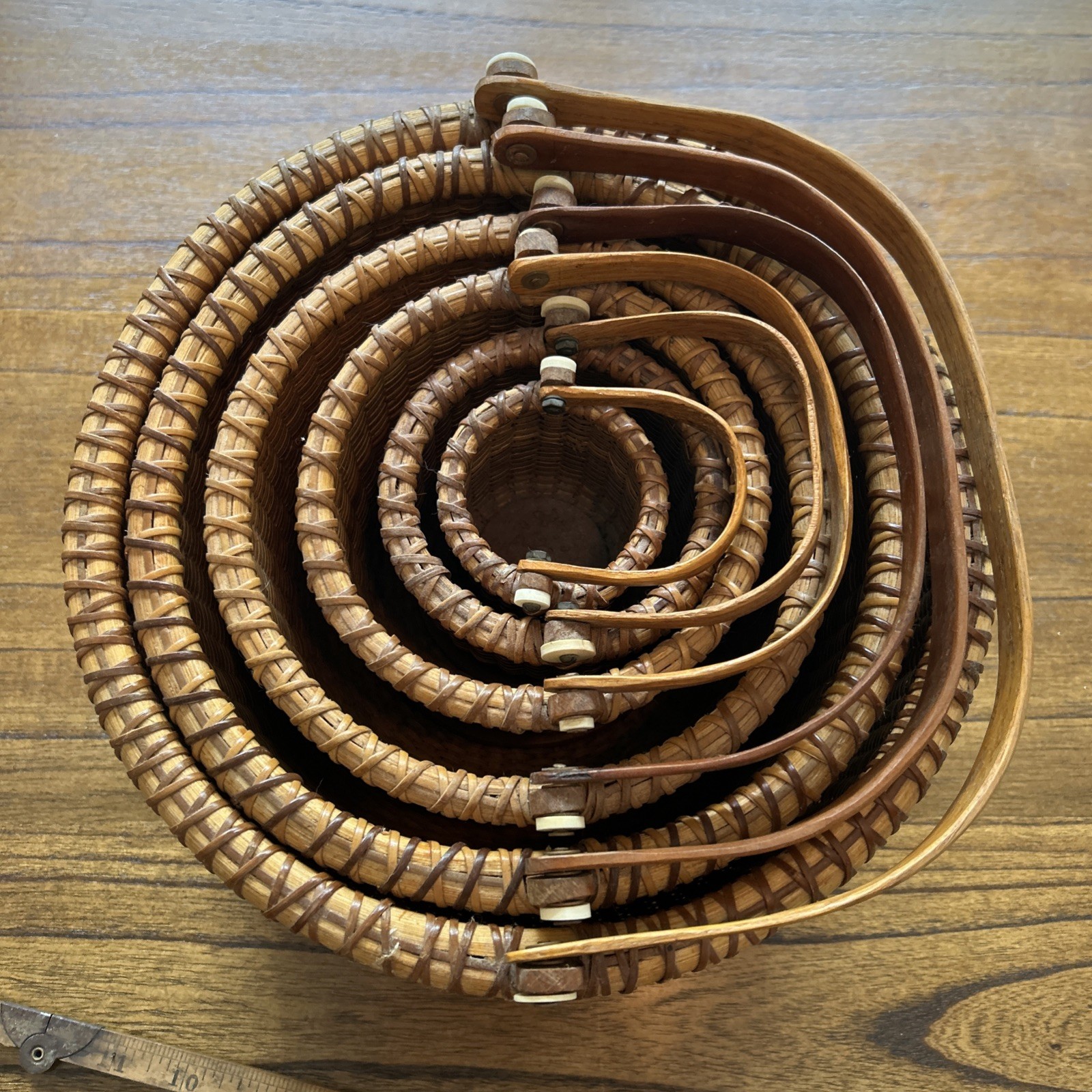 Vintage Nested Round Nantucket Baskets w/Handles-Set of 6-Signed ND 1987-1988 Vintage Nested Round Nantucket Baskets w/Handles-Set of 6-Signed ND 1987-1988