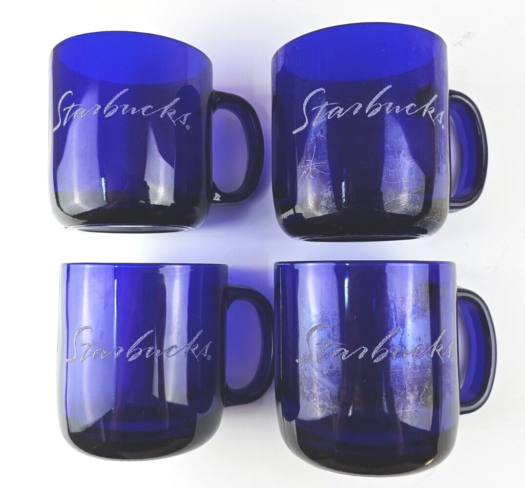 Set Of 4 Starbucks Large Coffee Mugs Cobalt Blue Glass With Crystal Script