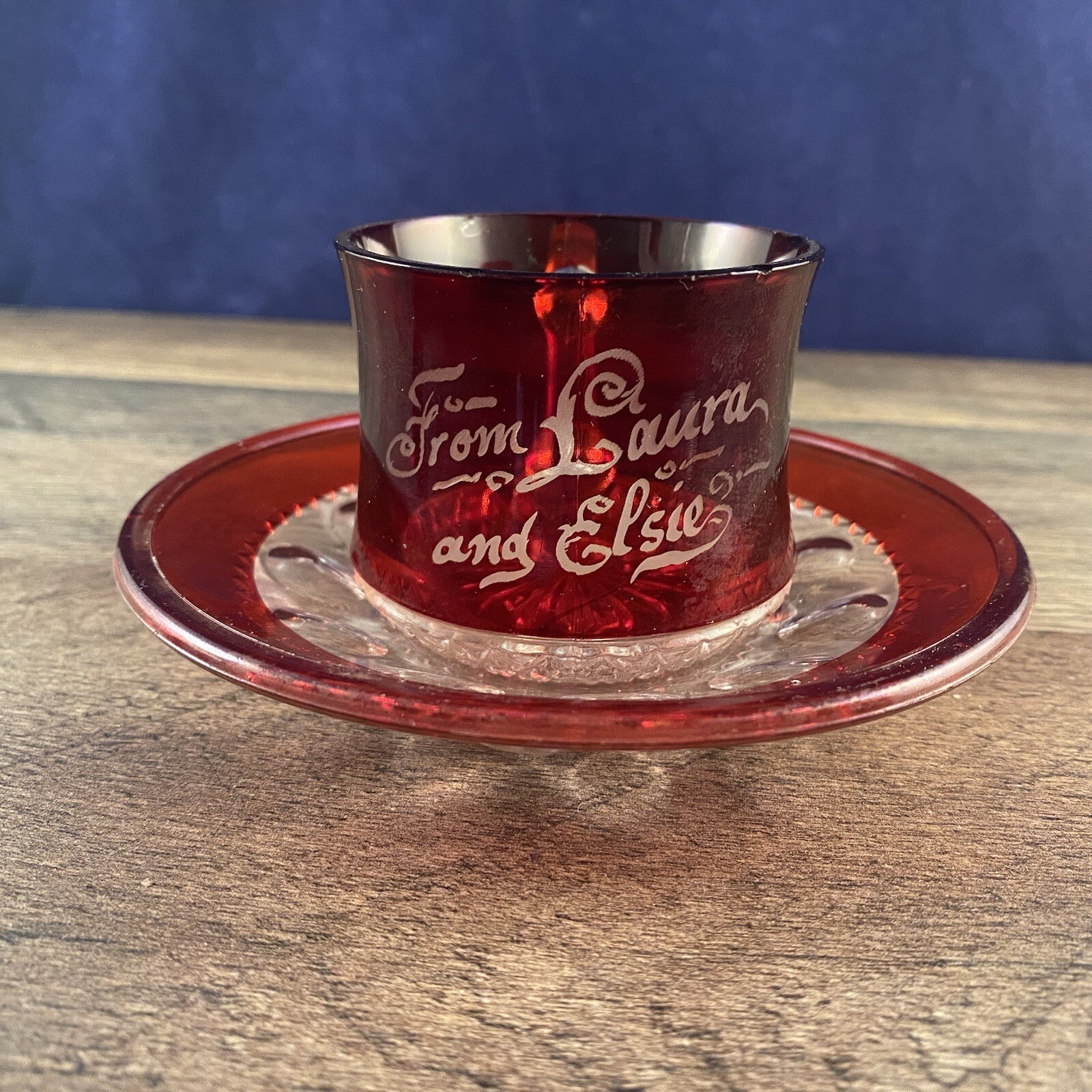 Antique Ruby Flash Glass Souvenir Cup Saucer From Laura & Elsie Etched
