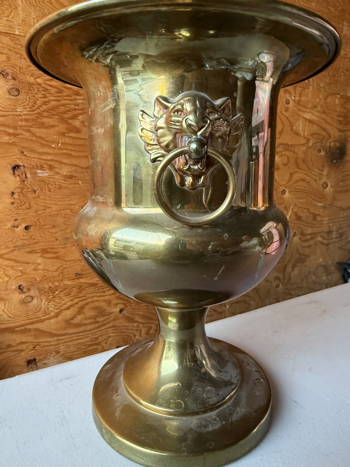 VTG 11” Brass Large Lion Head Handle Pedestal Planter Fireplace Jardinere Decor