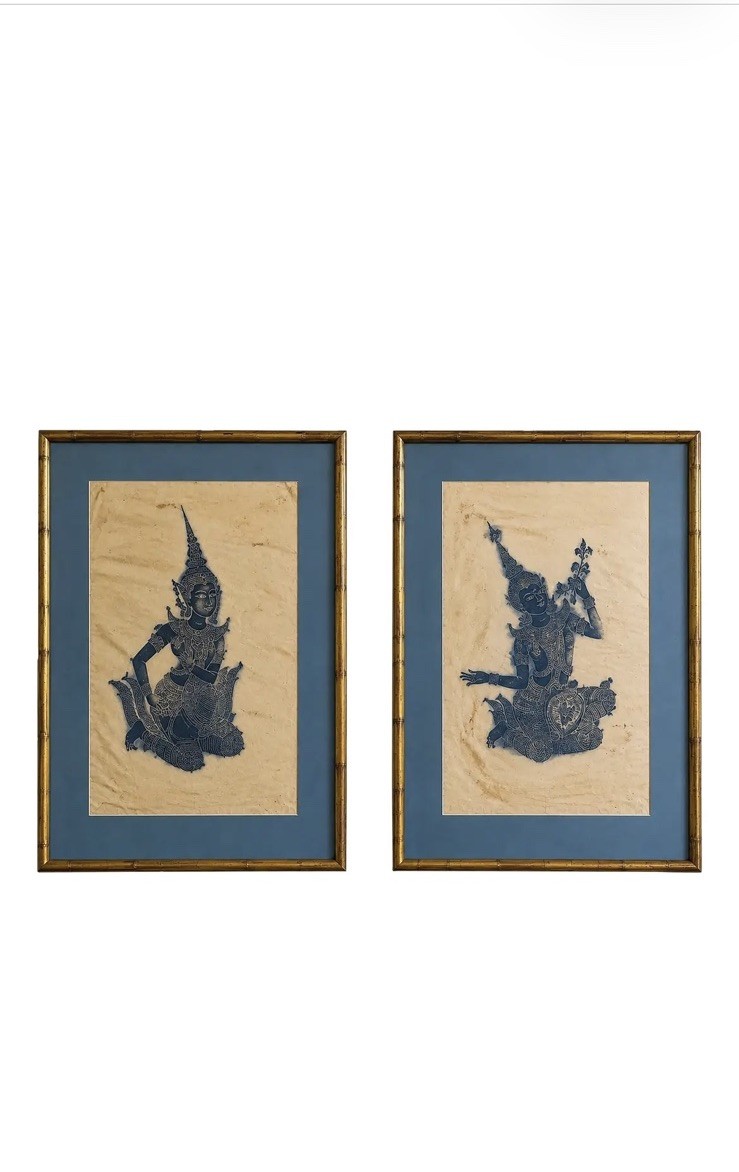 Vintage Framed Thai Temple Rubbing Art Pair Blue Ink Figural Wall Decor