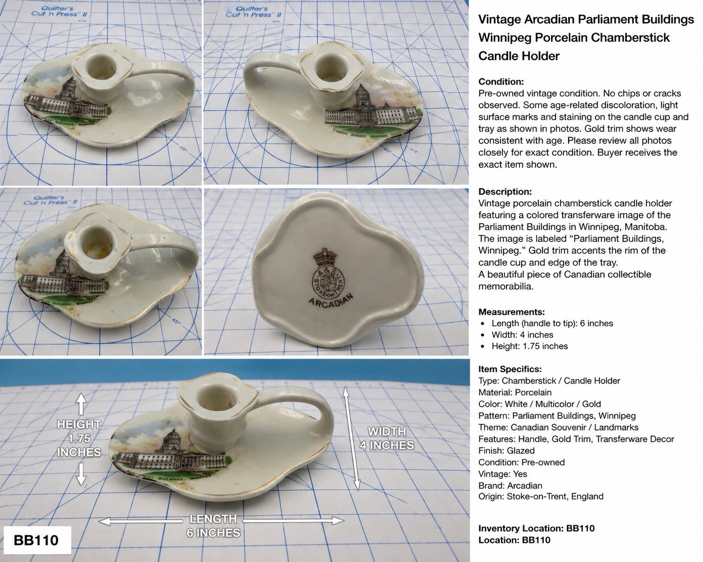 Vintage Arcadian Winnipeg Parliament Buildings Porcelain Chamberstick England