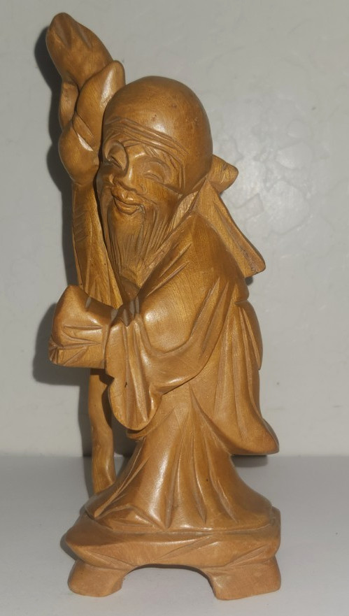 Vintage Chinese Wooden Hand Carved Shou Lao  God of Longevity Statue 7-1/4