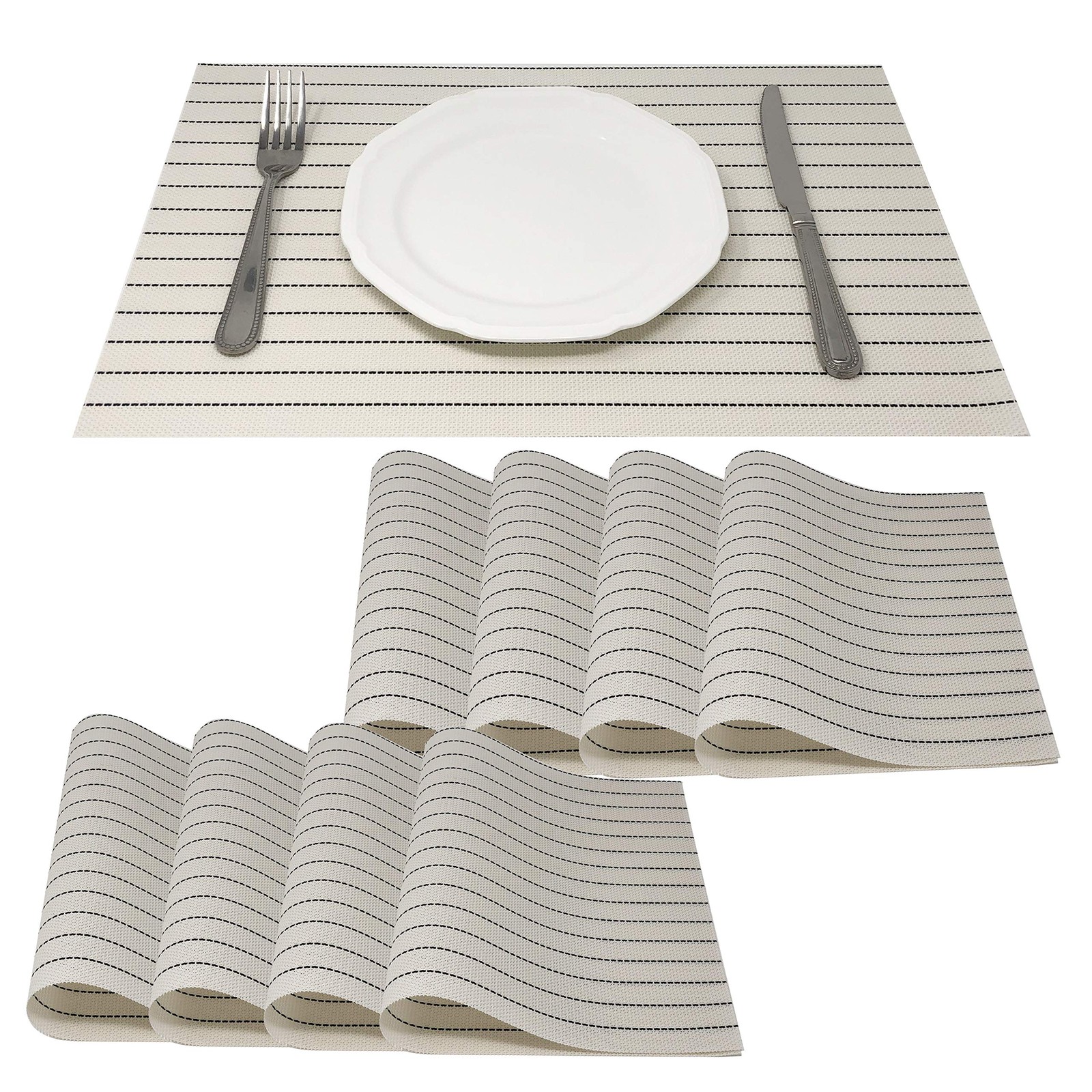 Allgala 8-Pack PVC Dining Table Placemats, Black Stripe on White, Heat & Scratch Allgala 8-Pack PVC Dining Table Placemats, Black Stripe on White, Heat & Scratch