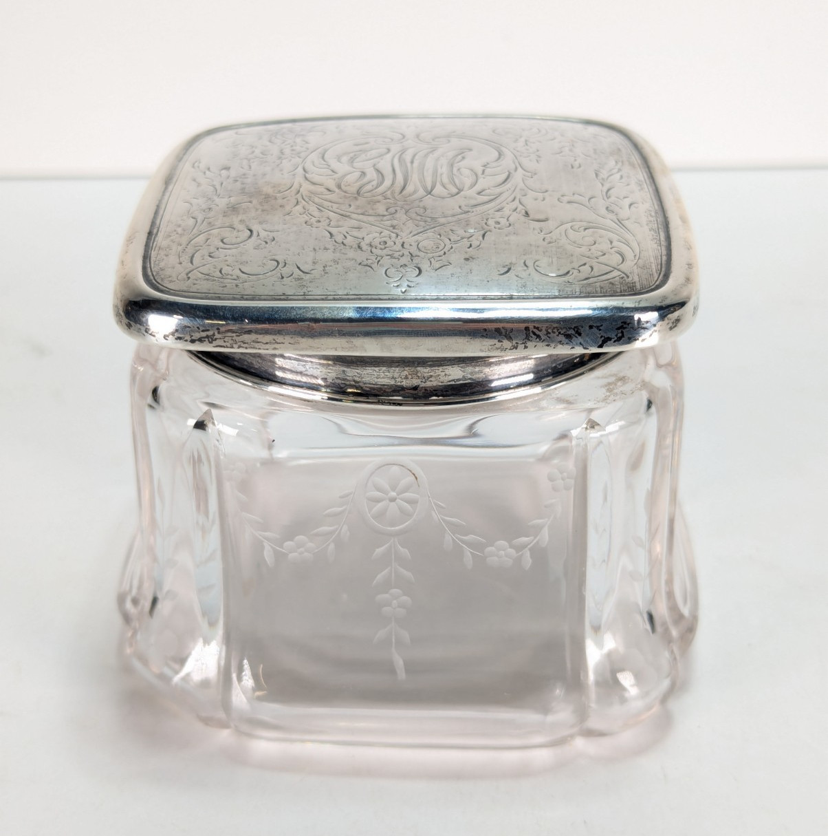 Antique 1893 Gorham Sterling Silver Glass Powder Jar Dresser Vanity Box 60g Lid