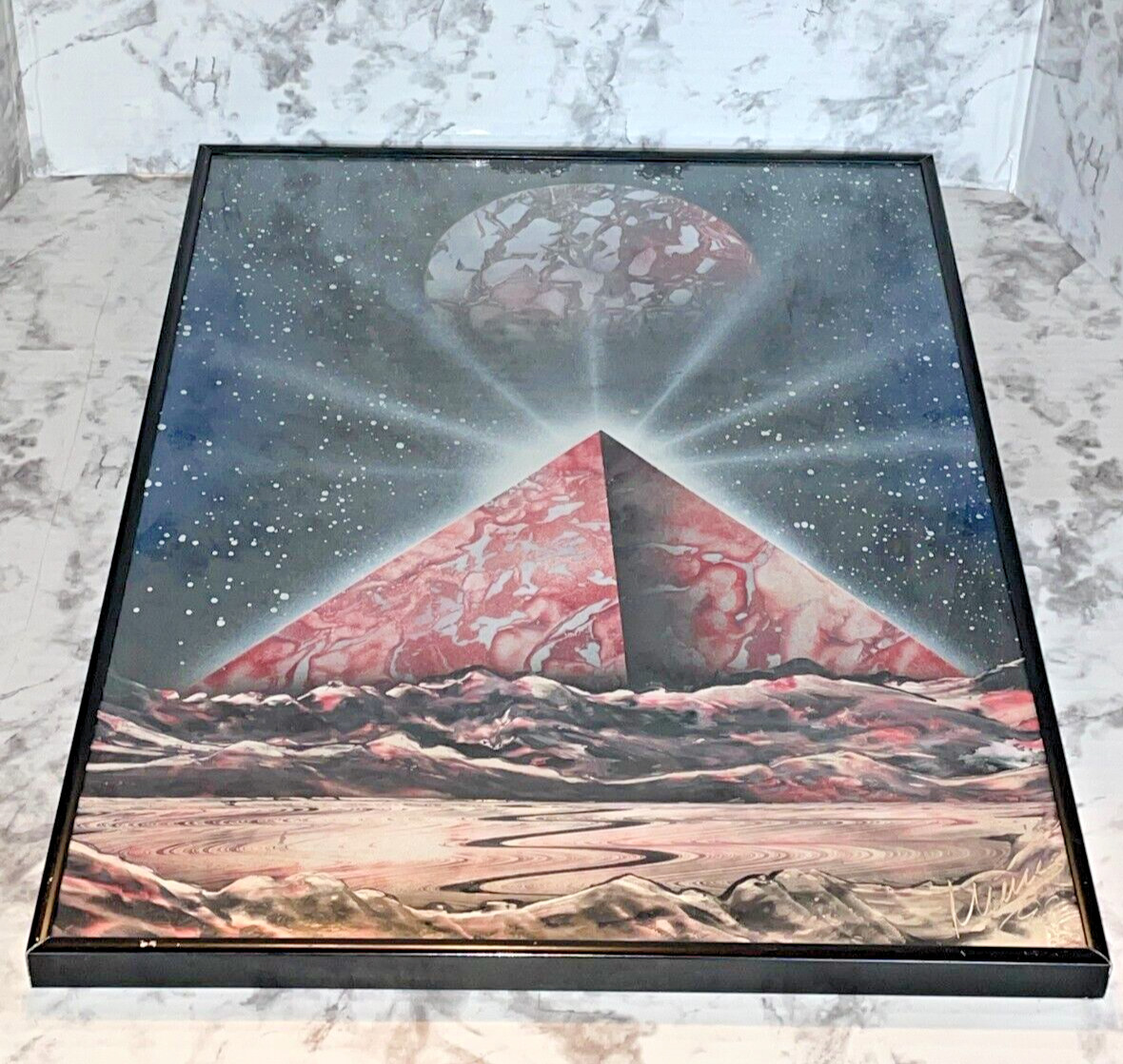 1990s Vintage Original Space Sci-Fi Spray Paint Pyramid Moon Framed and Signed