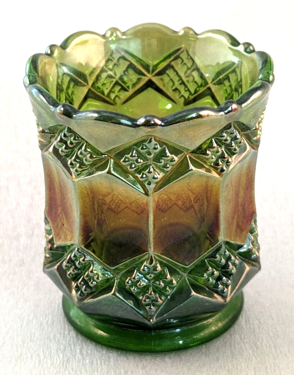 Vintage Imperial Carnival Glass Iridescent Green Match Toothpick Holder Votive
