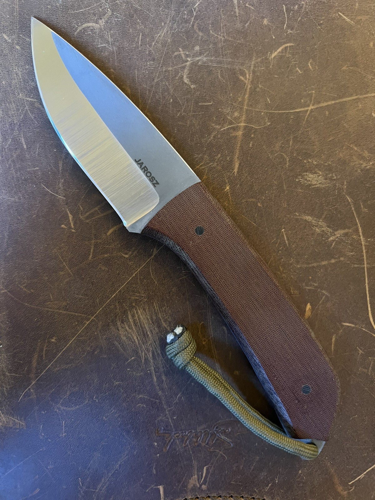 JESSEE JAROSZ GLOBETROTTER HANDMADE  AEB-L NATURAL MICARTA CUSTOM LEATHER SHEATH