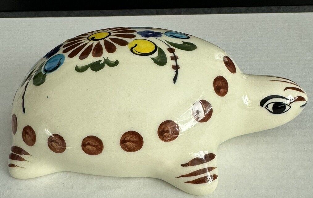 Vintage TURTLE figurine Tonala Mexican Pottery Folk Birds Hand Painted  Signed