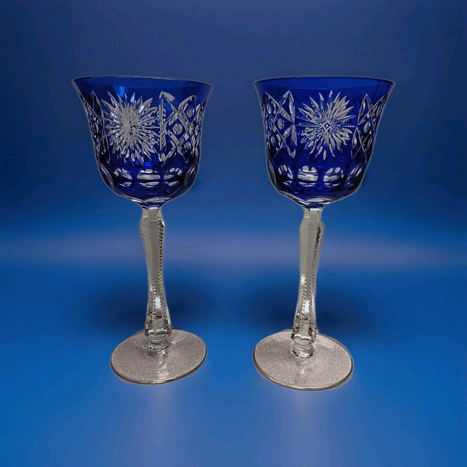 2 Bohemian Crystal Cobalt Blue Cut To Clear Glass Wine Goblets 