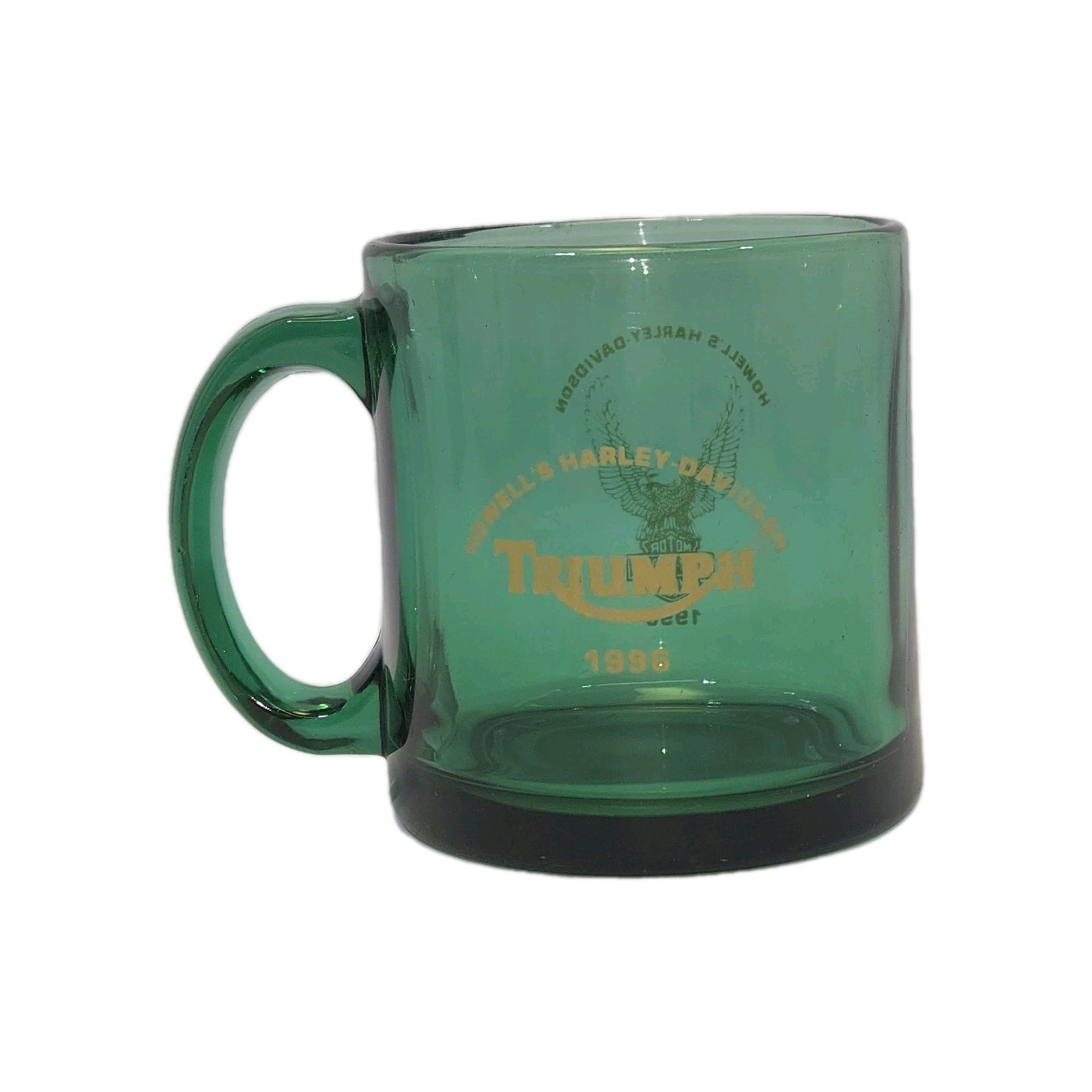 Vintage 1996 Harley-Davidson Green Glass Coffee Mug Triumph Advertising