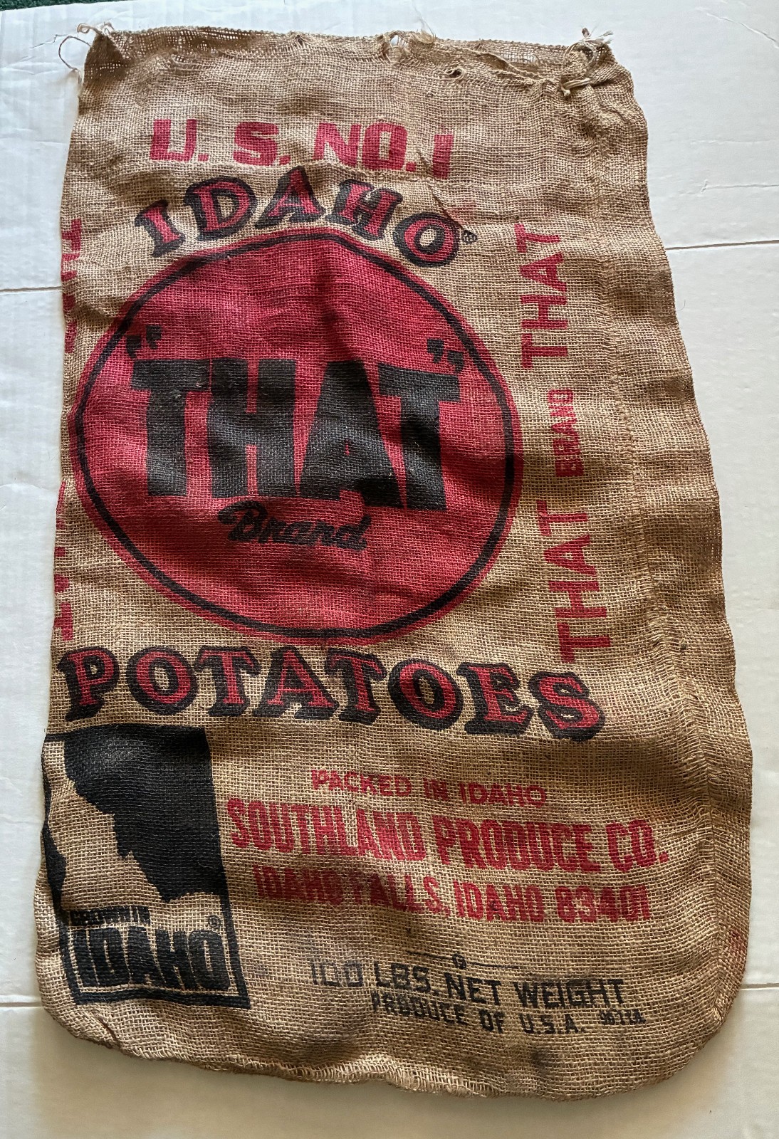 Vintage THAT BRAND IDAHO POTATOES 100 lbs. Empty Burlap Sack Bag U.S. No. 1