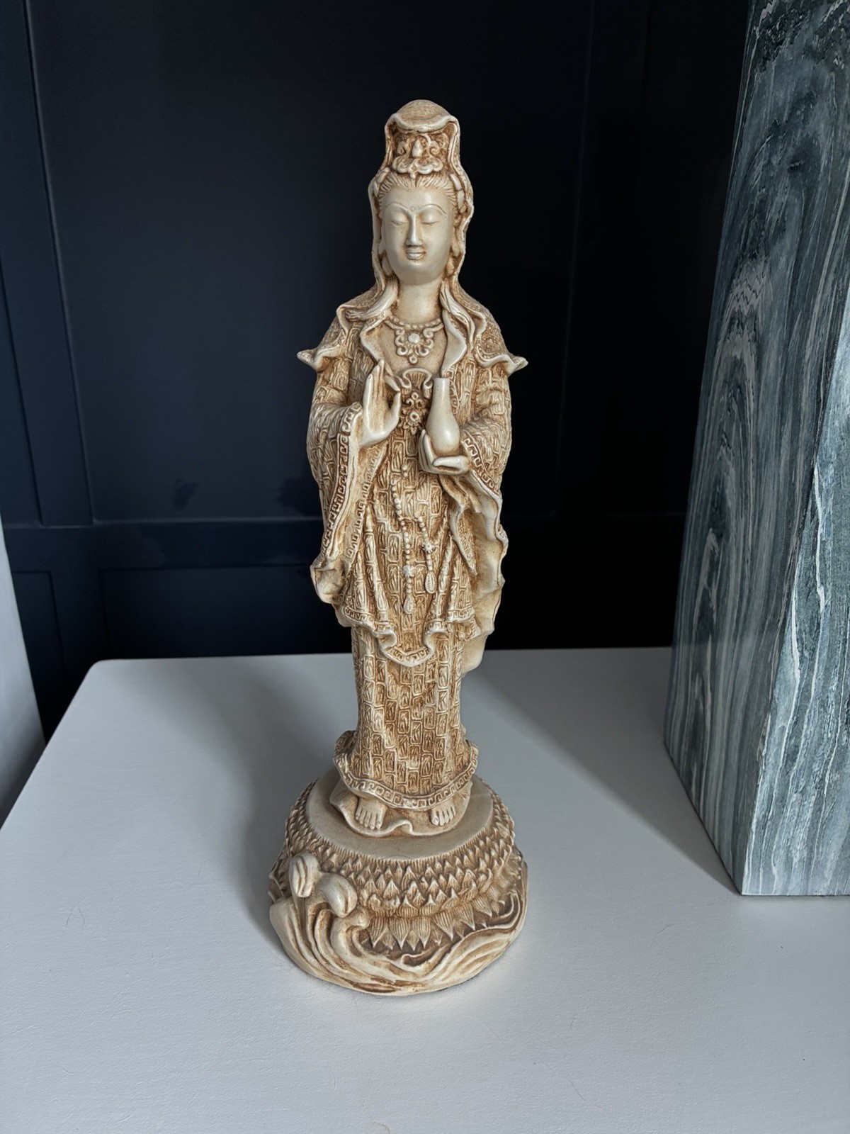 Vintage Carved ivory resin Guanyin Goddess of Mercy figurine 12 In