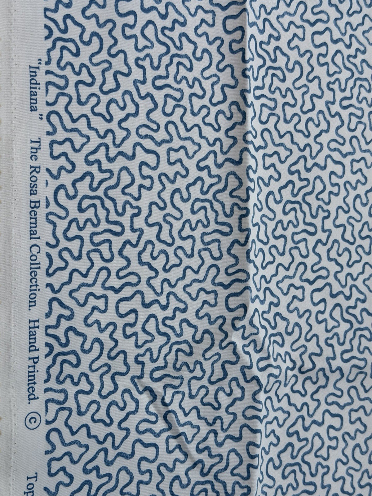 Rosa Bernal Indiana Hand Printed Designer Fabric Blue Abstract 1 Yard