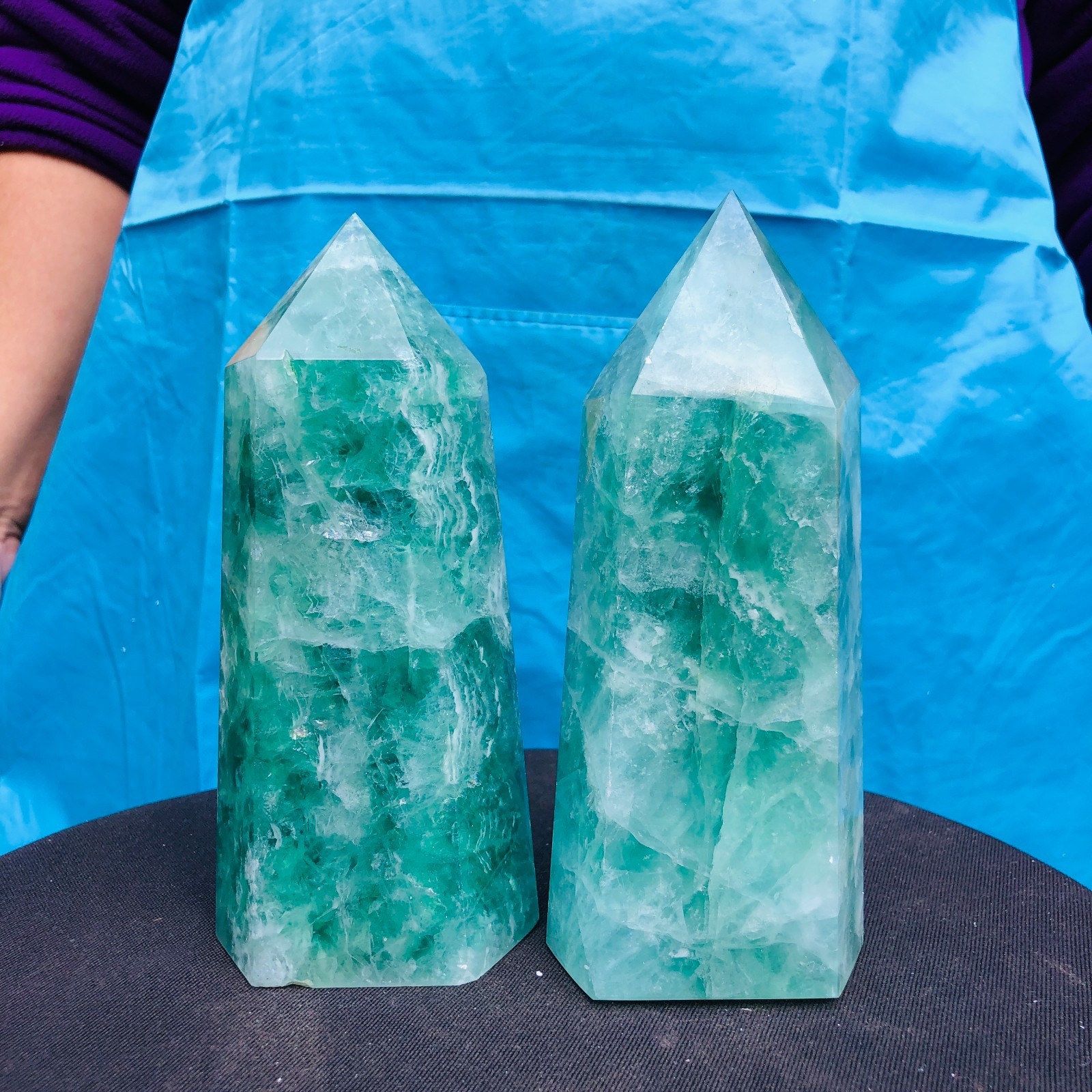 4.62LB 2Pcs Natural green Fluorite Obelisk Quartz Crystal Tower Healing