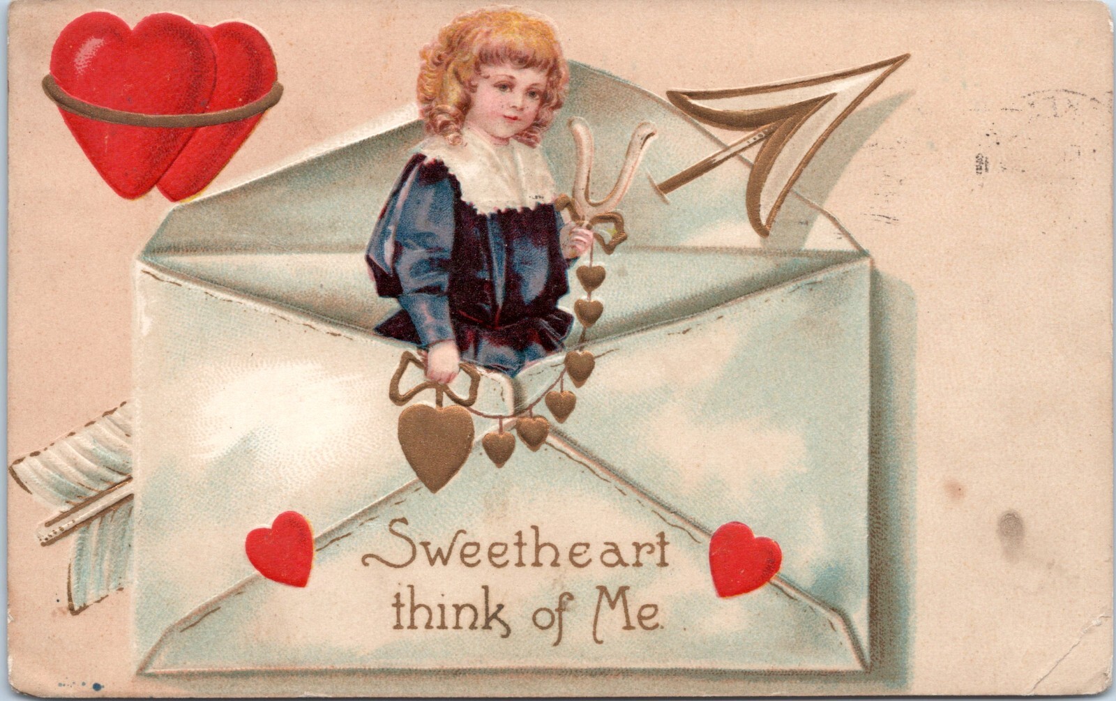 1909 Valentines Postcard- Unsigned Clapsaddle- Girl in Envelope Pierced by Arrow