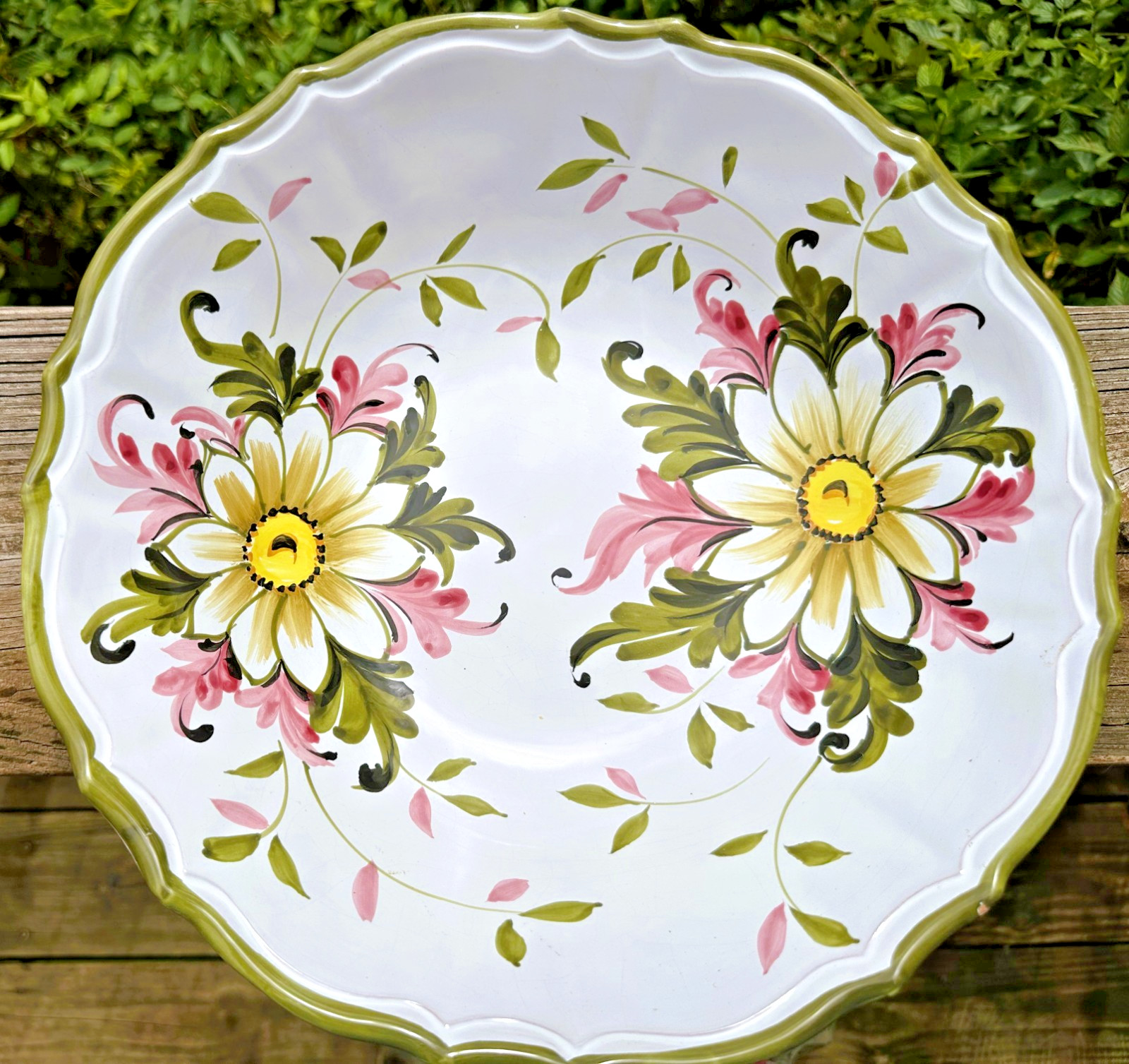 Vintage Nora Fenton Bowl Yellow/Pink/ White Flower Italy Green Scalloped Edge Vintage Nora Fenton Bowl Yellow/Pink/ White Flower Italy Green Scalloped Edge