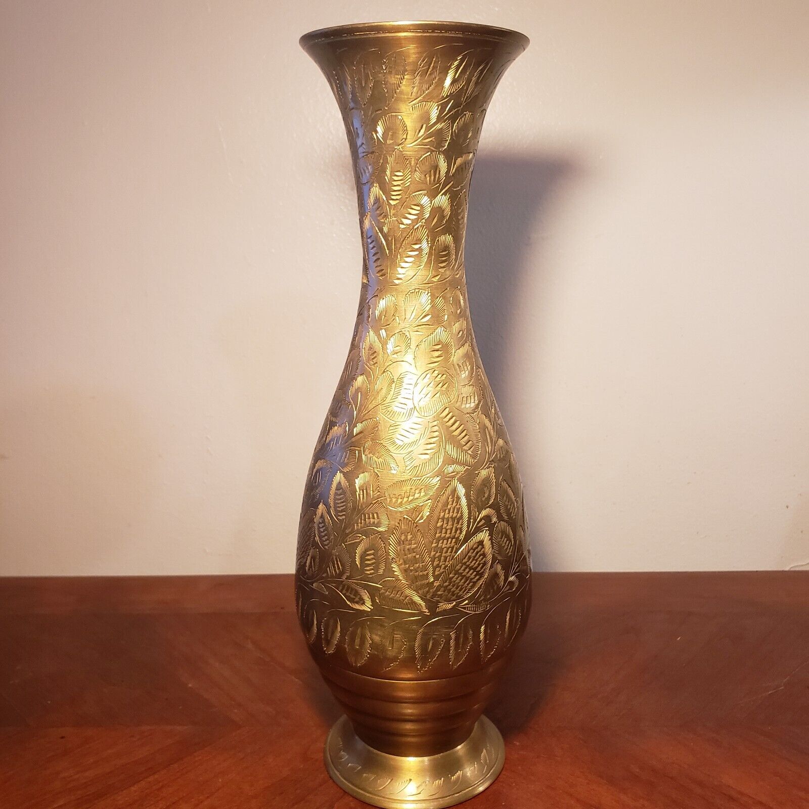 Large Heavy Ornate Vintage Indian Solid Brass Carved Vase With Floral Pattern