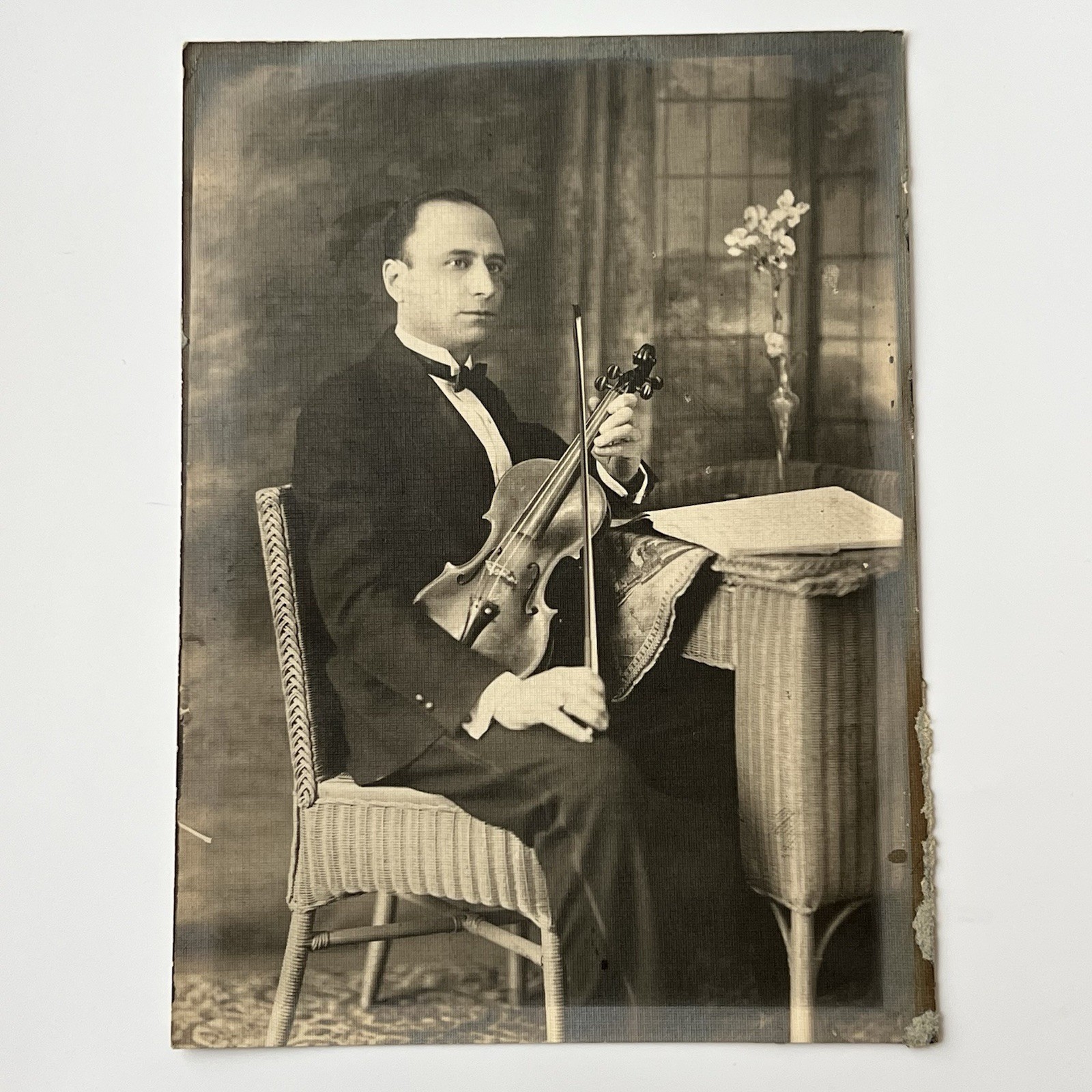 Vintage Antique Studio Photograph Man With Violin Edwardian Music Instrument