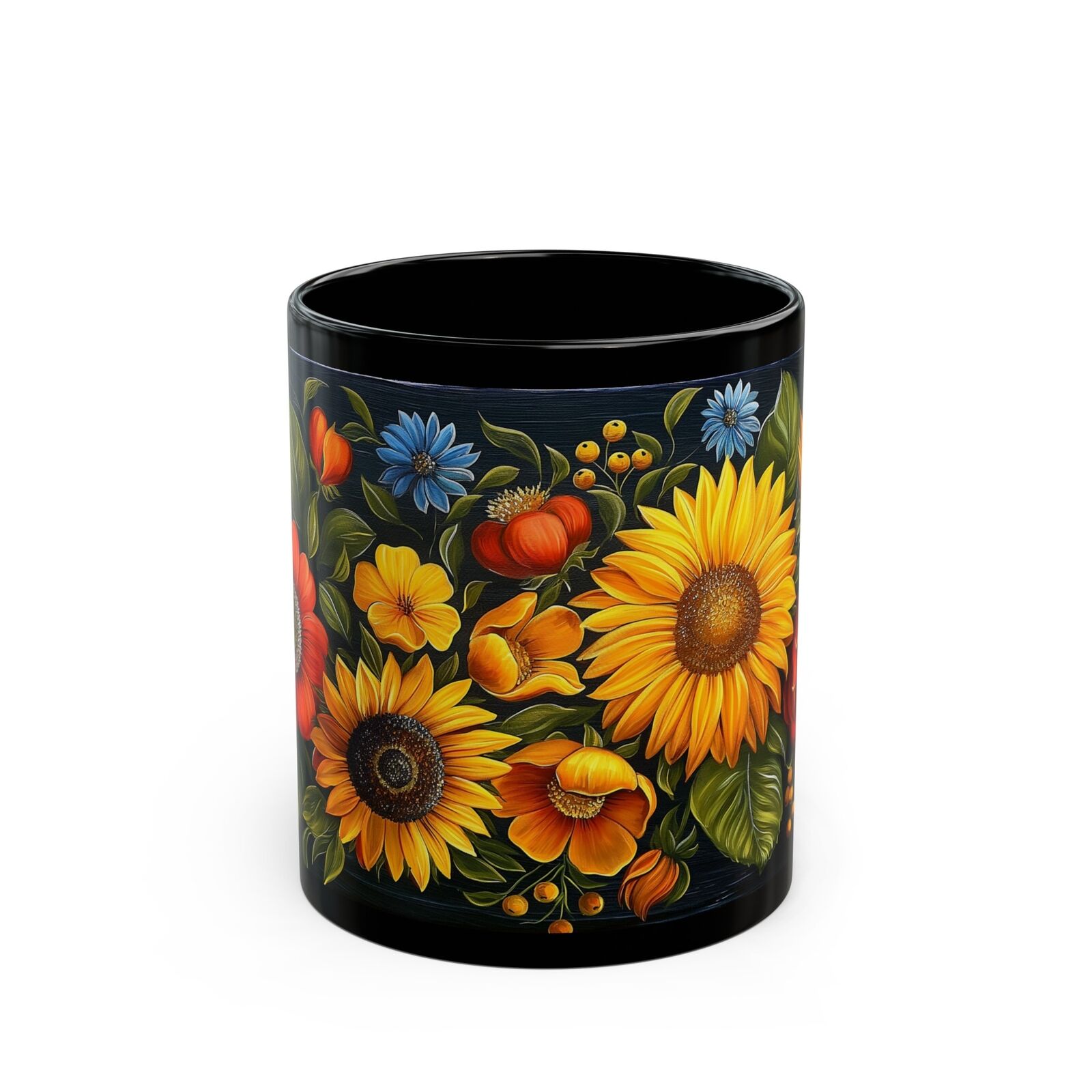 Sunflowers Coffee Mug, 11oz 15oz, Ukrainian Lacquer Folk Art Black Ceramic Mug