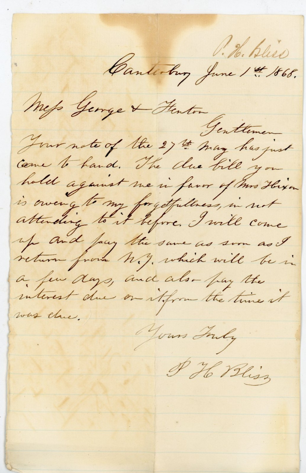 1868 Handwritten Letter Canterbury CT Signed P.H. Bliss to George & Fenton Debt