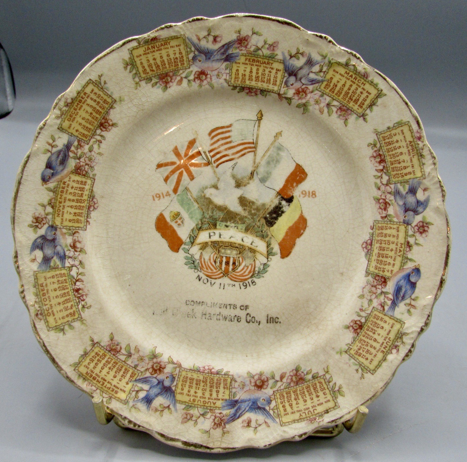 Antique Great World War 1918s Souvenir China Calendar Plate Crazing Text Worn 7