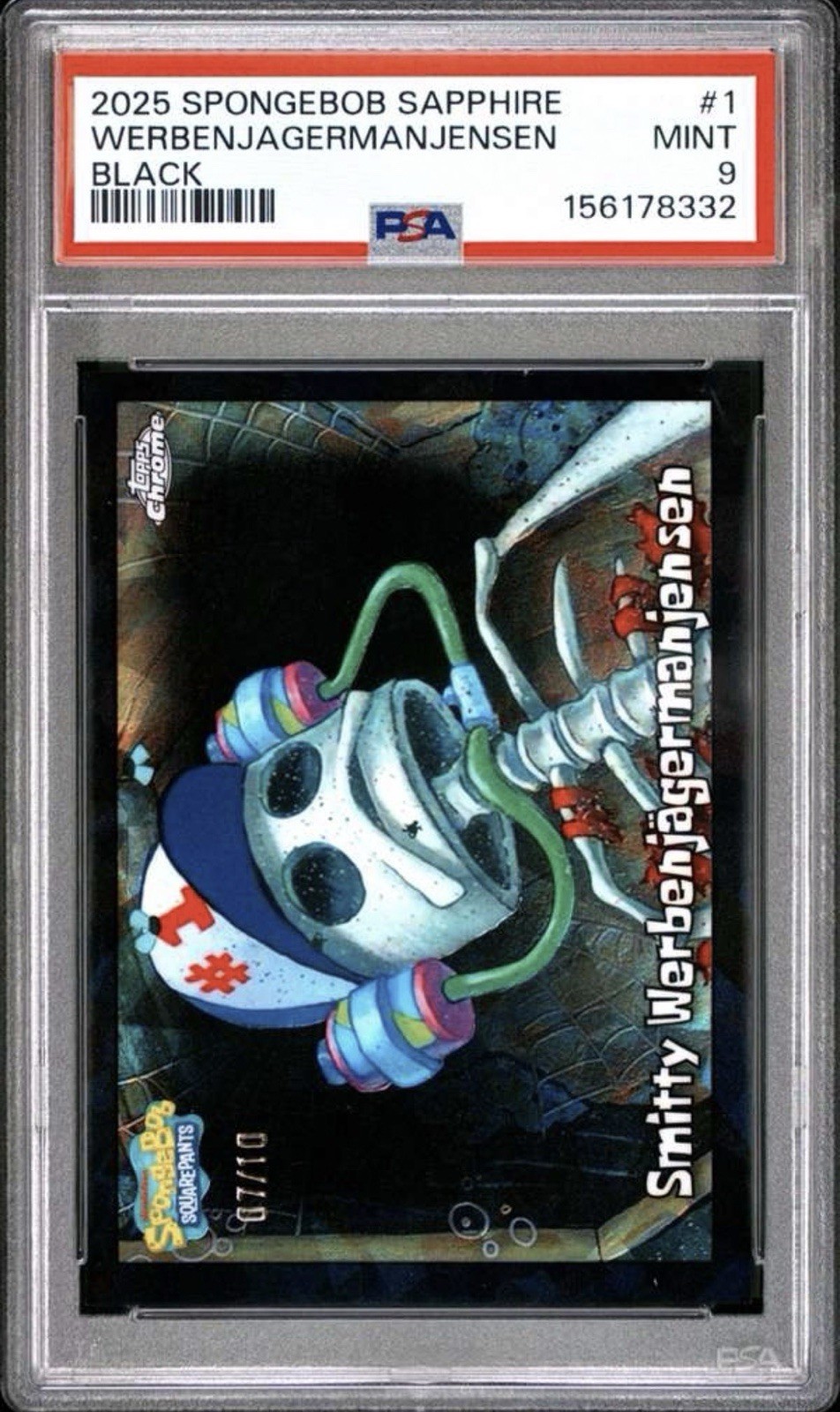 2025 Topps Chrome SpongeBob Sapphire Smitty Werbenjagermanjensen Black /10 PSA 9