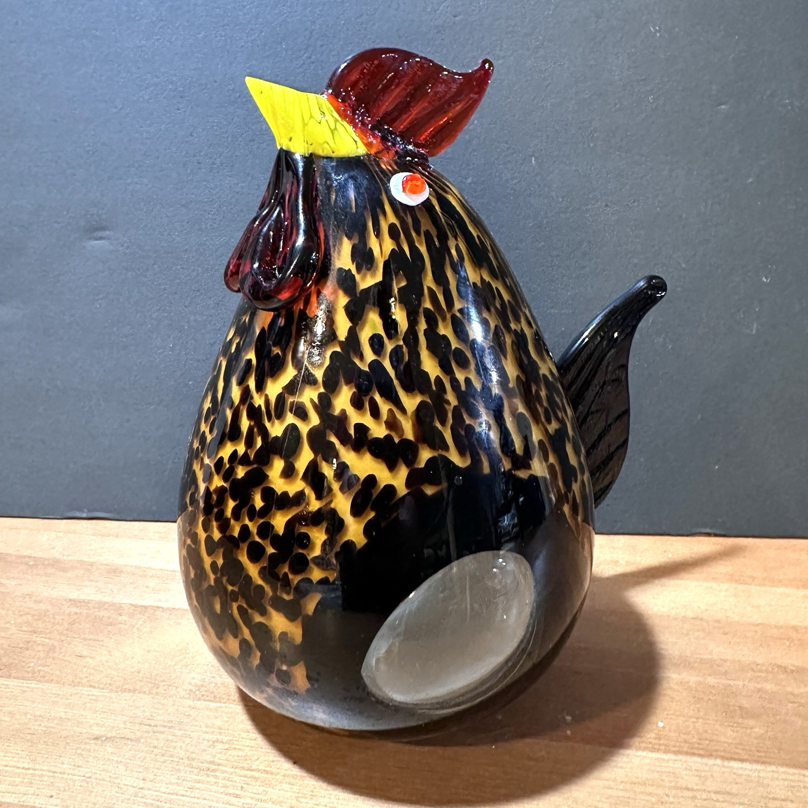Vtg Hand Blown Art Glass Rooster Chicken Figurine Speckled Amber Black 8 Inch