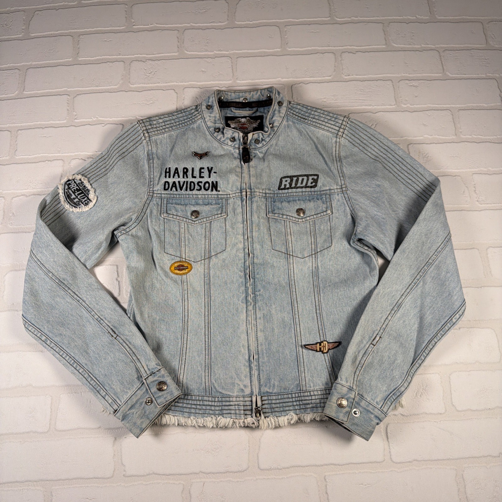 Y2K Harley Davidson Vintage Women's Motorcycle Acid Wash Jean Denim Jacket SMALL