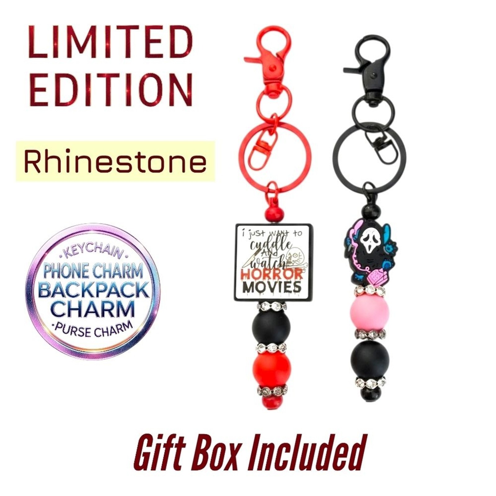 Limited Edition Rhinestone Horror Movie Keychain, Phone Charm,Ghostface Set