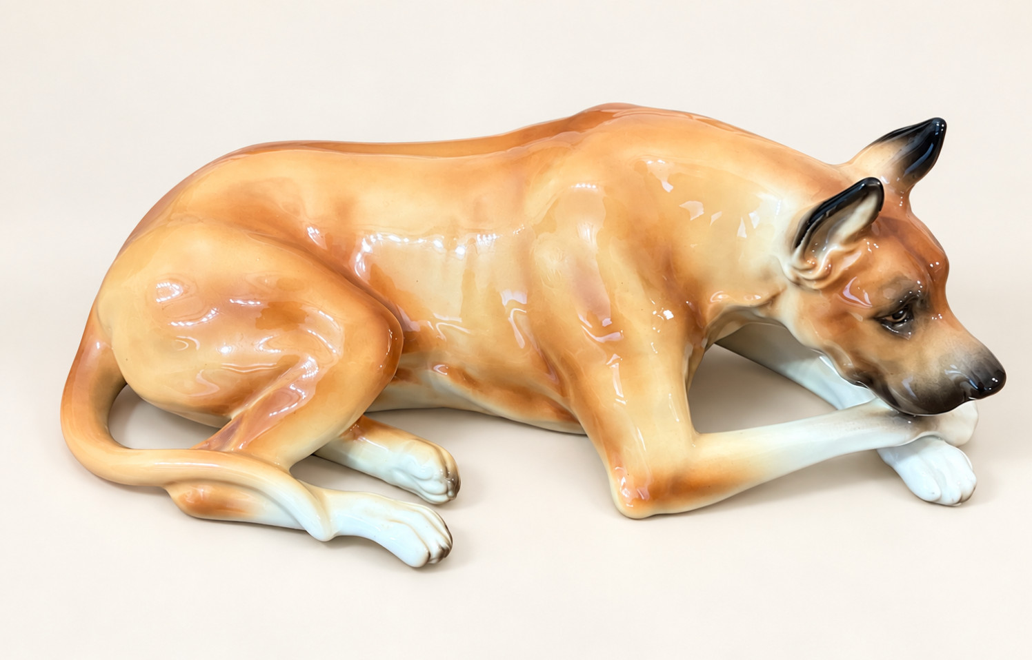 Vintage Ceramic Great Dane Dog Figurine Lying Down With Bone 8\
