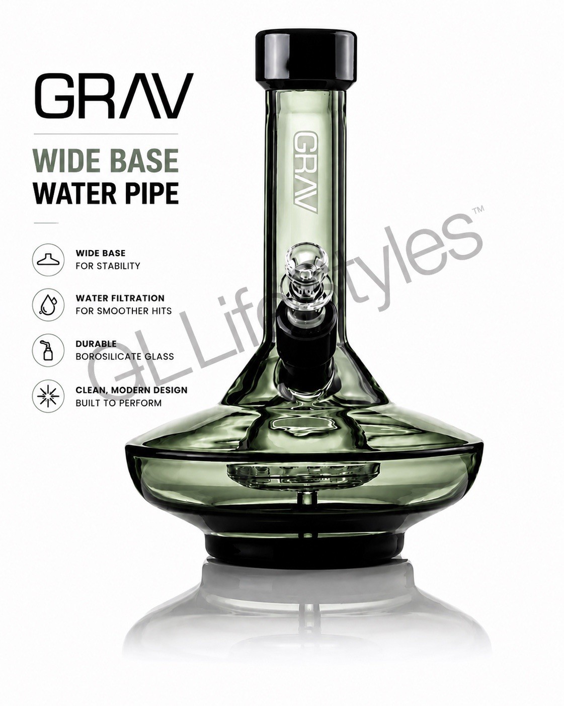 GRAV® SMALL 8.25” WIDE BASE WATER PIPE IN SMOKE WITH BLACK ACCENTS, THICK GLASS