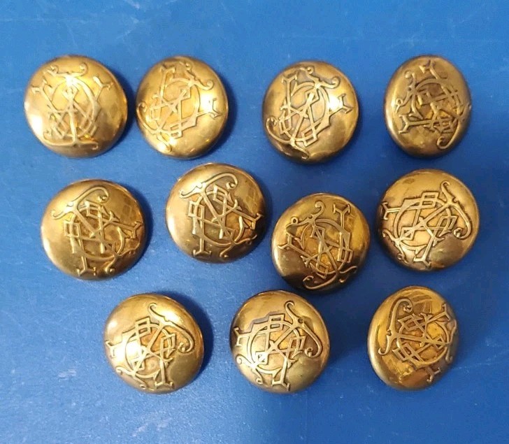 ​11 Antique French Brass Monogram Greatcoat Uniform Buttons 1 1/8