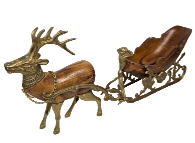 Vintage Brass Sleigh Reindeer Christmas Around The World Carved Wood reindeer Vintage Brass Sleigh Reindeer Christmas Around The World Carved Wood reindeer