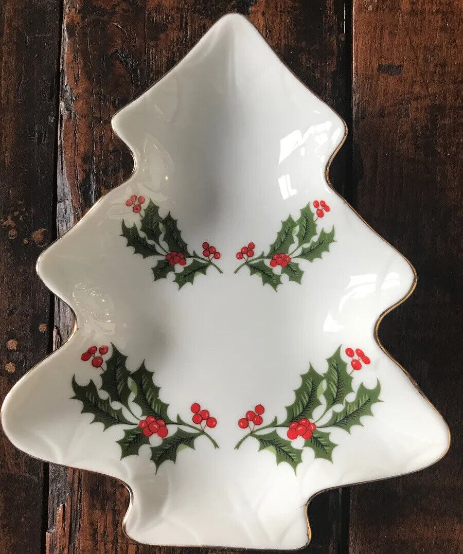 Vintage Ceramic Porcelain Christmas Tree Shaped Dish “Christmas Holly” Japan