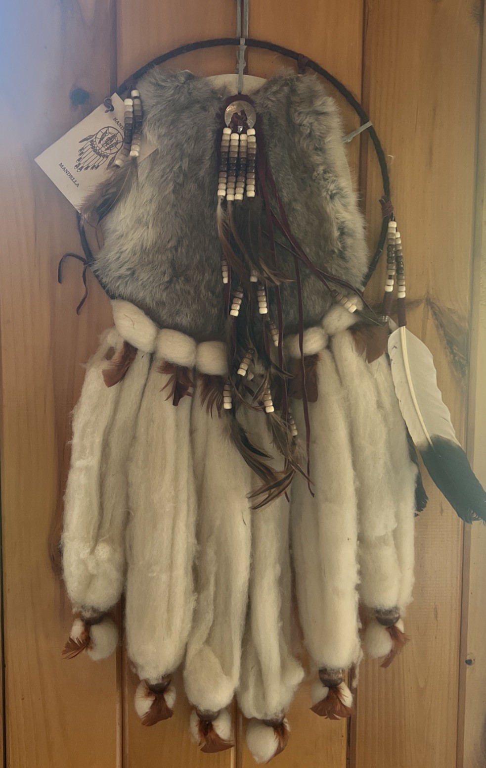 VTG Huge 30”x14 Native American Dream Catcher Mandala Art Fur Wool Feathers Wood VTG Huge 30”x14 Native American Dream Catcher Mandala Art Fur Wool Feathers Wood