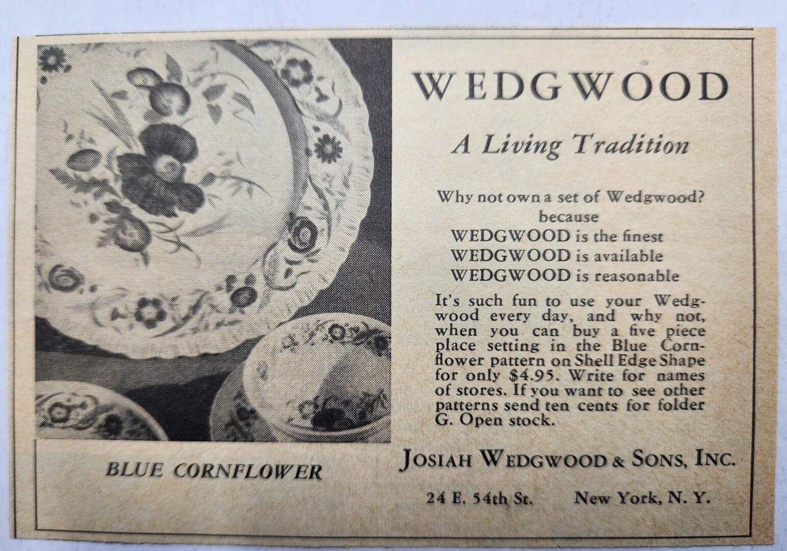 1952 Wedgwood Plates Blue Cornflower MCM Original Print Ad 50\'s