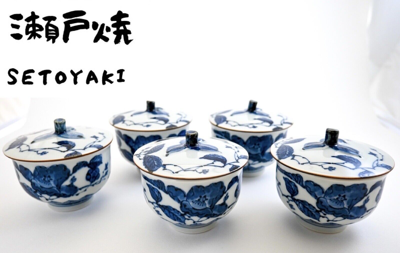 Set of 5 Japanese Ceramic YUNOMI SENCHA Tea Cup w/Lid Blue & White Seto Ware