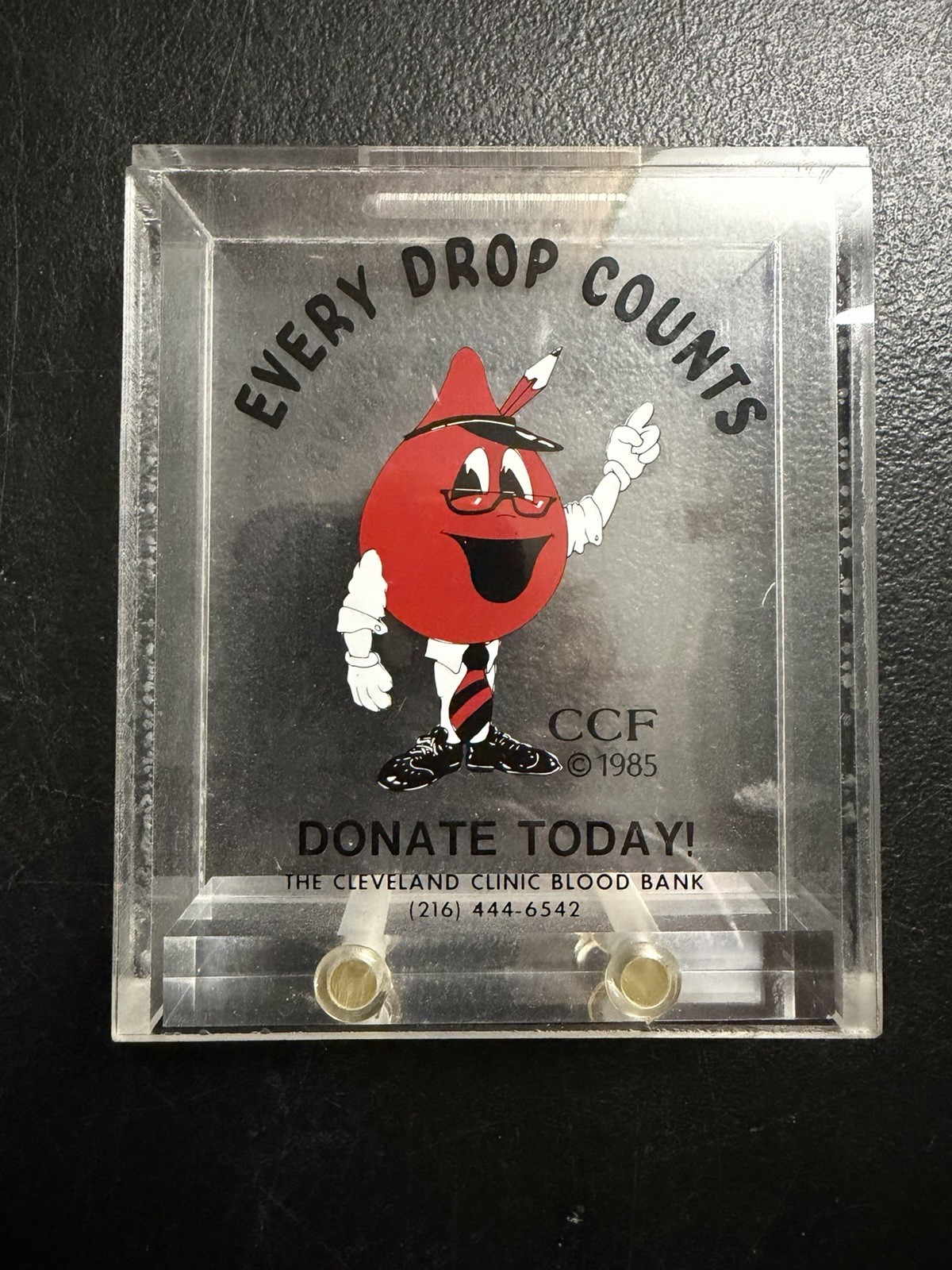 Vintage 1985 Cleveland Clinic Foundation Blood Bank Acrylic Donation Box Mascot