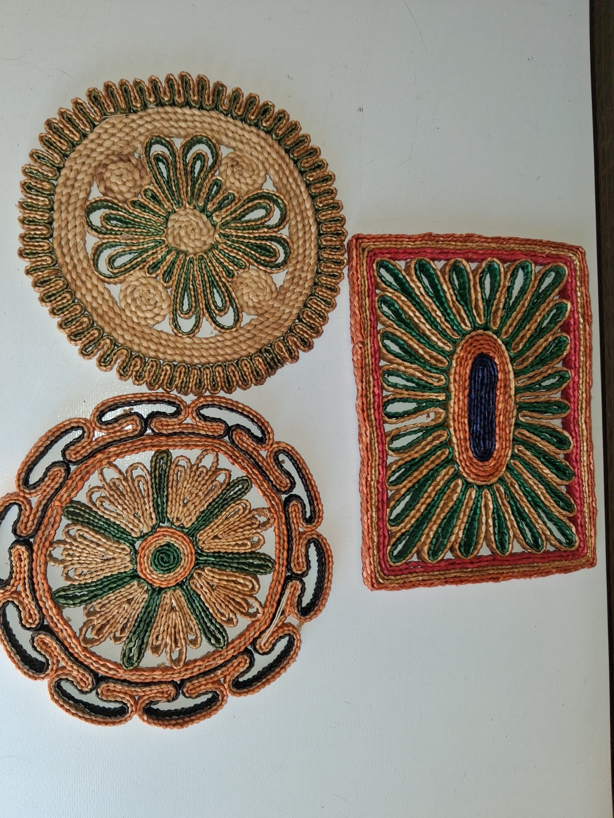 Lot of 3 Vintage Wicker Straw Hot Pad Trivet Woven Rattan Raffia Wall Decor