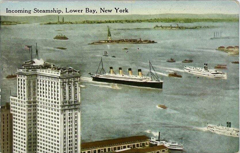 INCOMING STEAMSHIPS AT LOWER BAY MANHATTAN NEW YORK c. 1910s POSTCARD