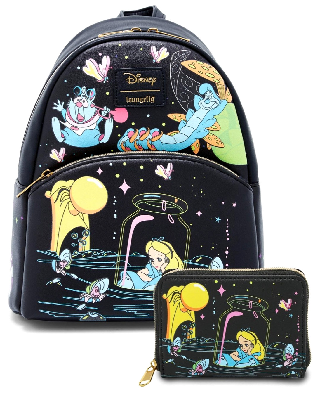 NEW🍄Loungefly Disney Alice In Wonderland Glow-I-T-Dark Backpack & Wallet SEALED