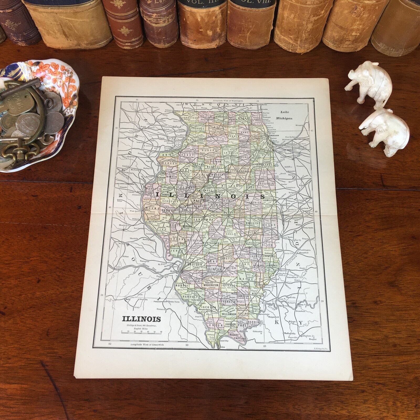 Original 1885 Antique Map ILLINOIS Aurora Waukegan Rockford Naperville Champaign