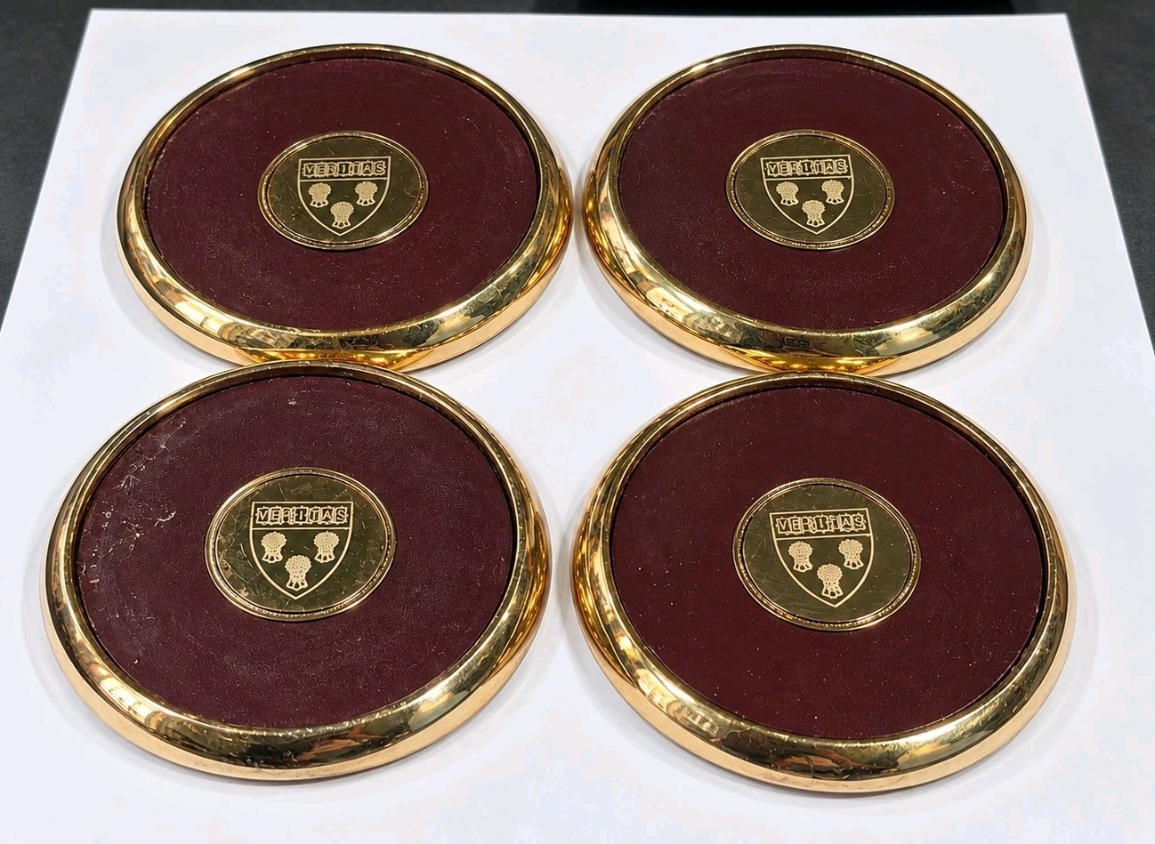 Vintage Harvard Law School Brass Leather Coasters Shield Crest Memorabilia Set Vintage Harvard Law School Brass Leather Coasters Shield Crest Memorabilia Set