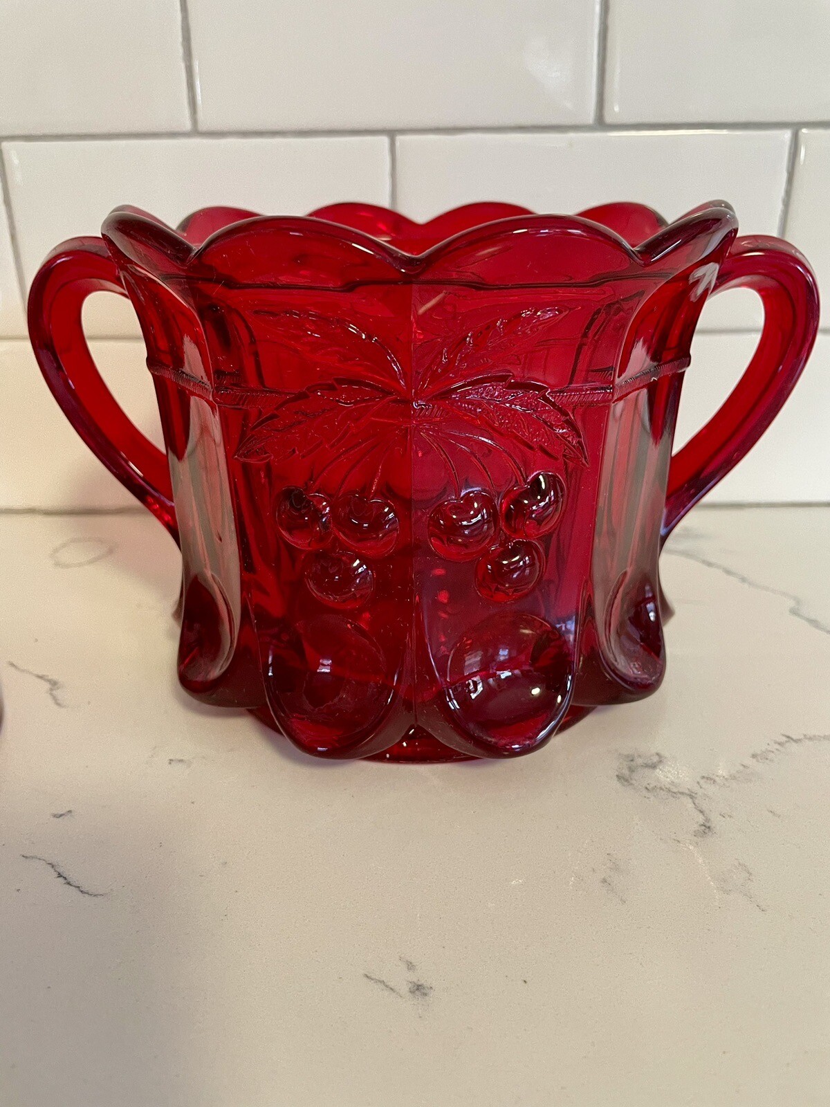 Vintage MOSSER Red Cherry Thumbprint Glass Biscuit Candy Cookie Trinket Jar