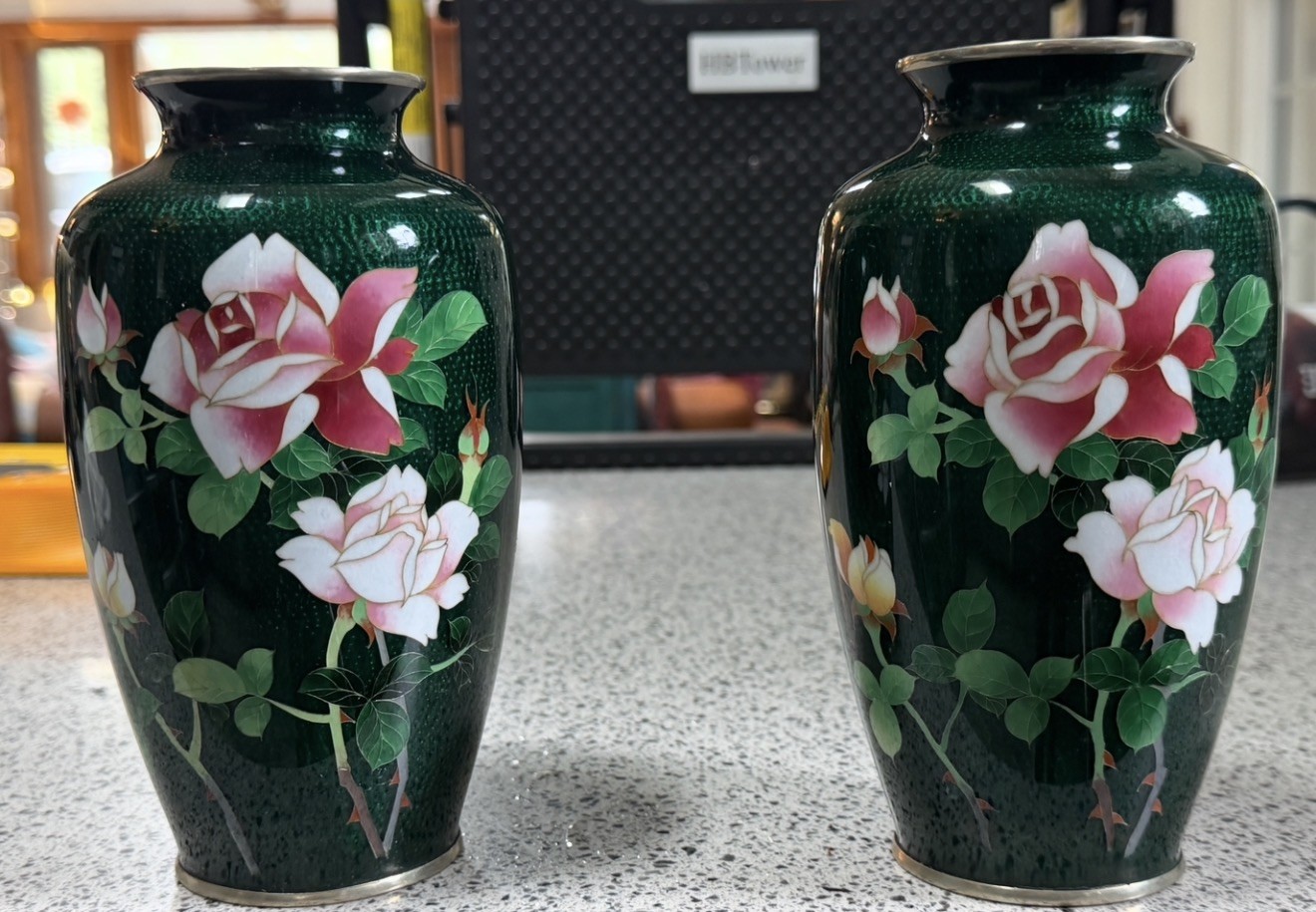 Authentic Pair of Japanese SIGNED Sato Ginbari Cloisonné Rose Vases Authentic Pair of Japanese SIGNED Sato Ginbari Cloisonné Rose Vases