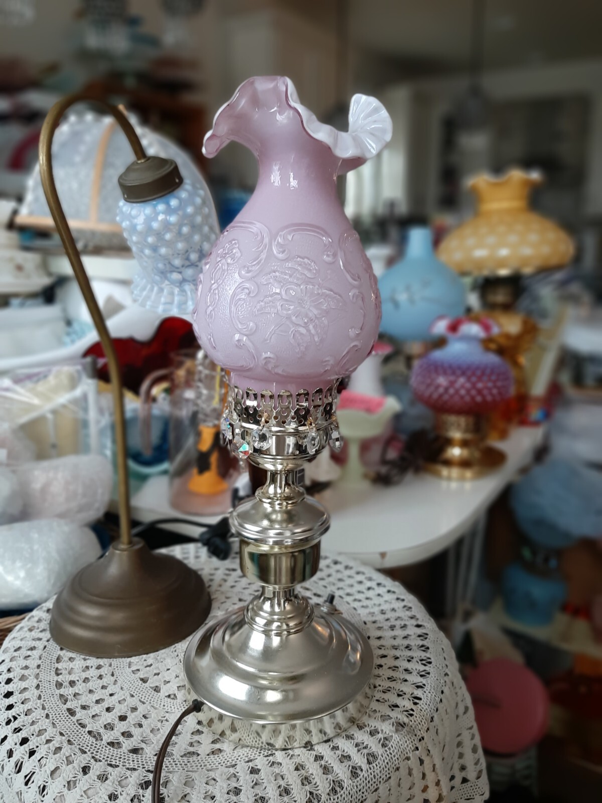 Vintage Fenton Lilac Overlay WildRose Bowknot Lamp BEAUTIFULLY DARLING HTF 90's