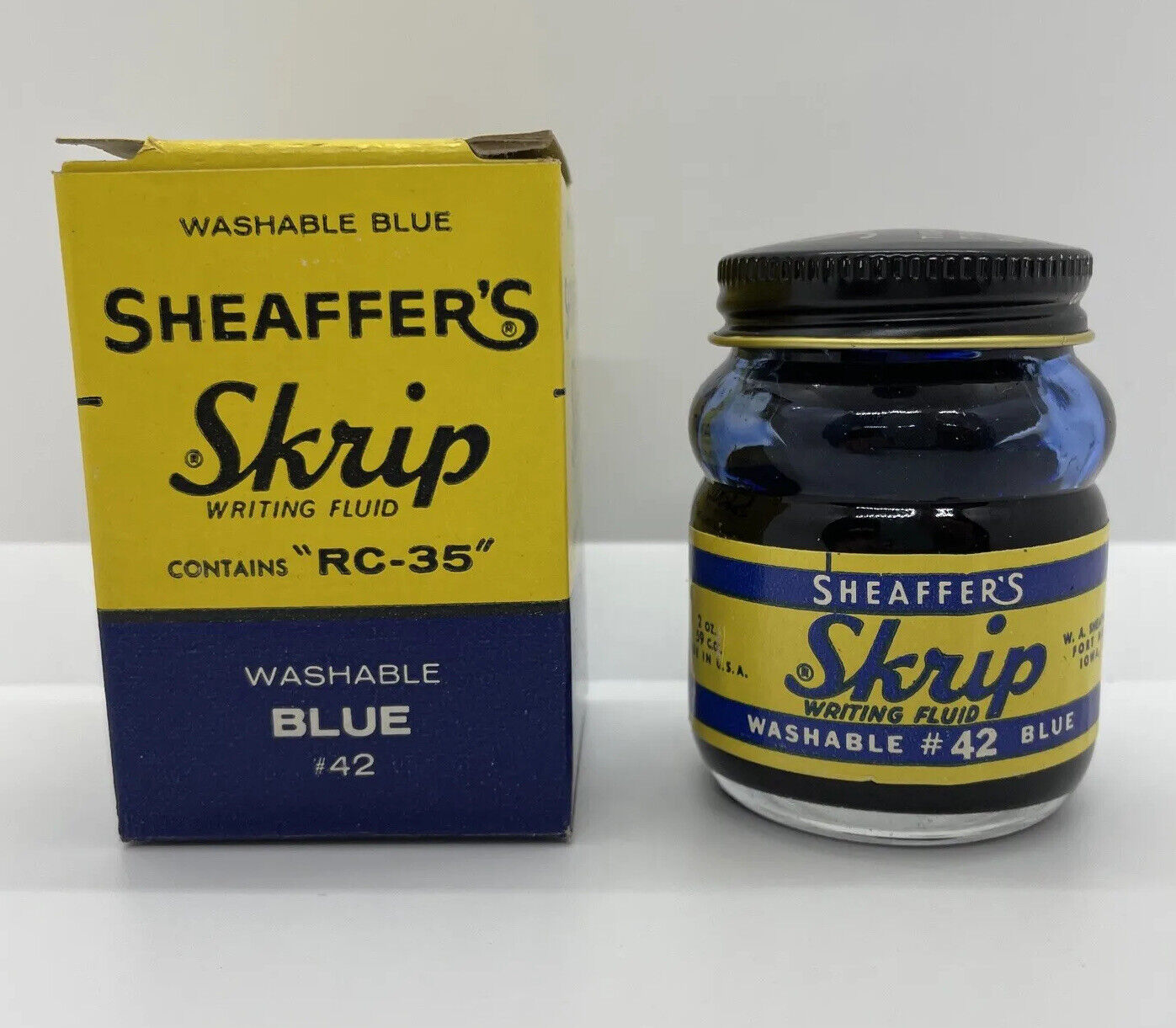 Vintage Sheaffer\'s Skrip #42 Washable Blue Glass 2 oz Ink Bottle New In Box NOS